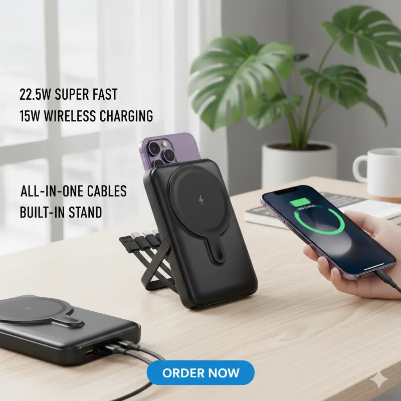 Hoco J135 Rico 10000mAh magnetic wireless power bank with built-in stand and 22.5W fast charging cables.