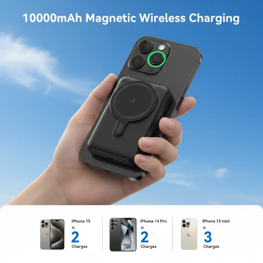 Hoco J135 Rico 10000mAh magnetic wireless power bank with built-in stand and 22.5W fast charging cables.