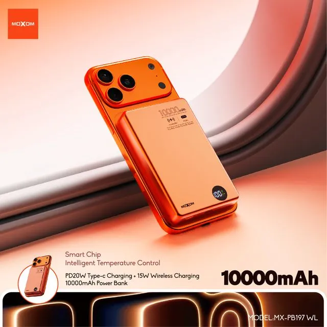 "MOXOM 10,000mAh wireless power bank with a matte finish, magnetic charging surface, and an LED display showing battery levels."